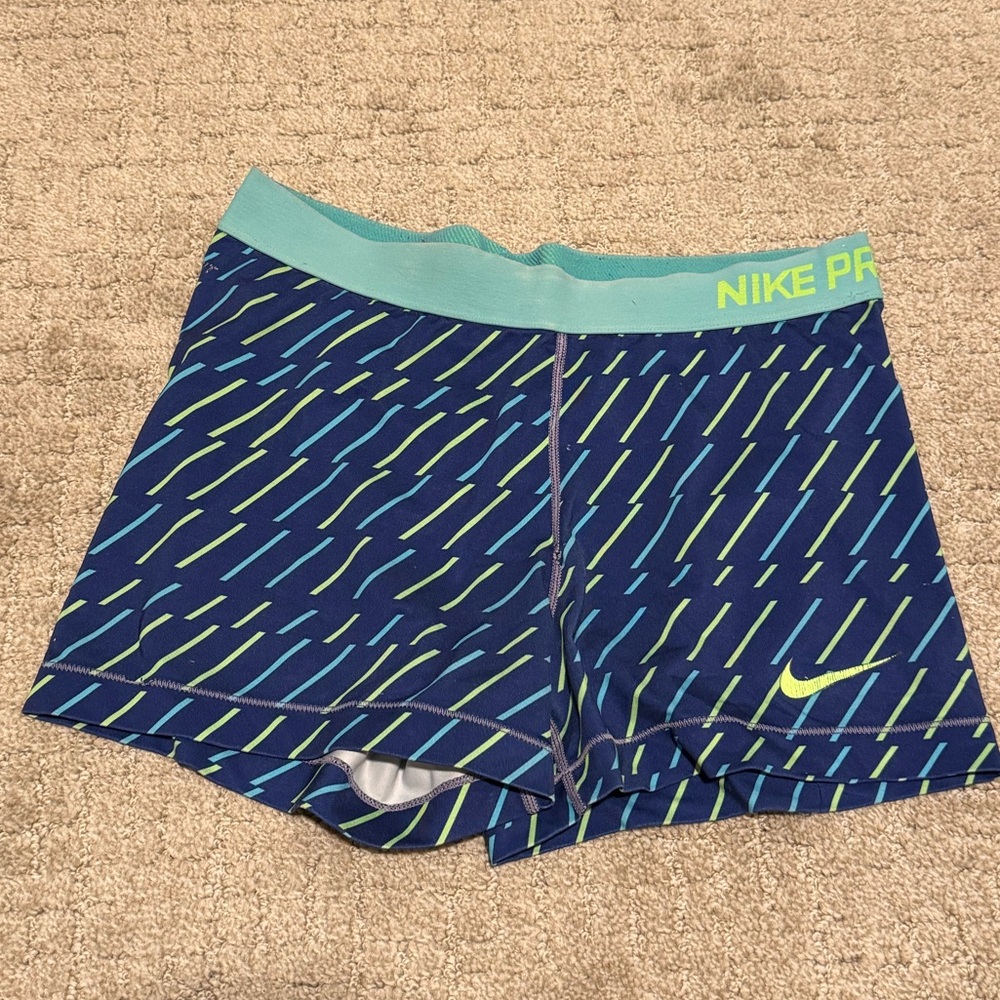 Nike Pro Blue and Lime Green Patterned Shorts